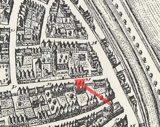 <p>Bloemendalstraat en omstreken zoals getekend op de stadsplattegrond van Zwolle in de omstreeks 1650 uitgegeven stedenatlas van Bleau. De weergave van de huizen in de straat lijkt afgeleid van de oudere weergave op de kaart van braun en Hogenberg. </p>
